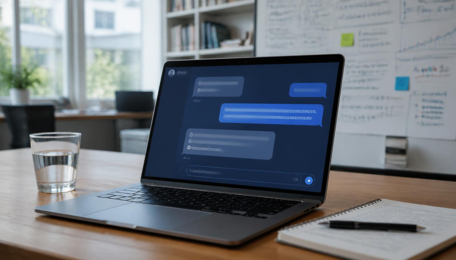 An open laptop on a desk showing an abstract chat interface with blue message blocks and no readable text