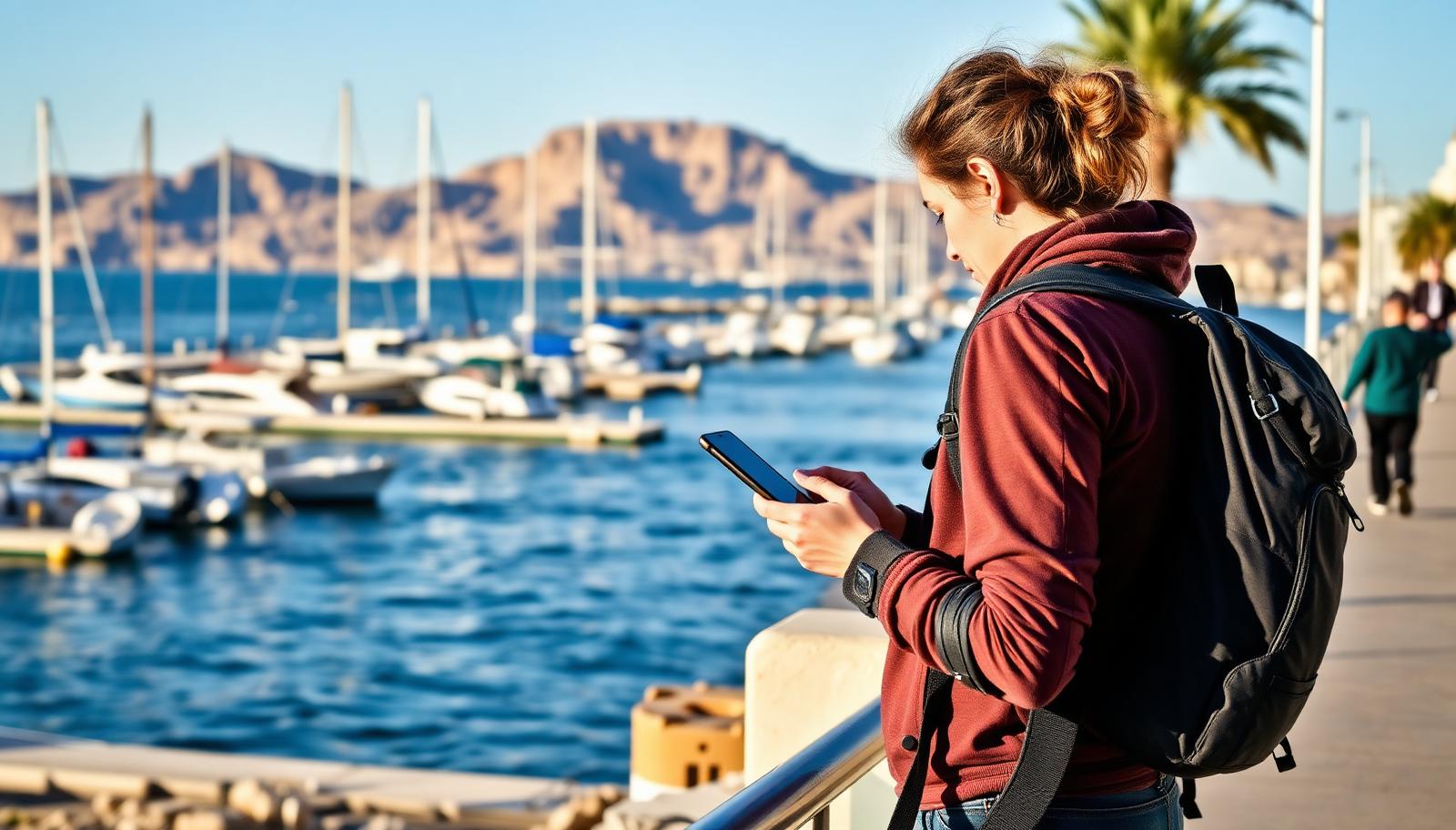A traveller with a backpack checking a smartphone on a coastal marina promenade with boats and blue sea