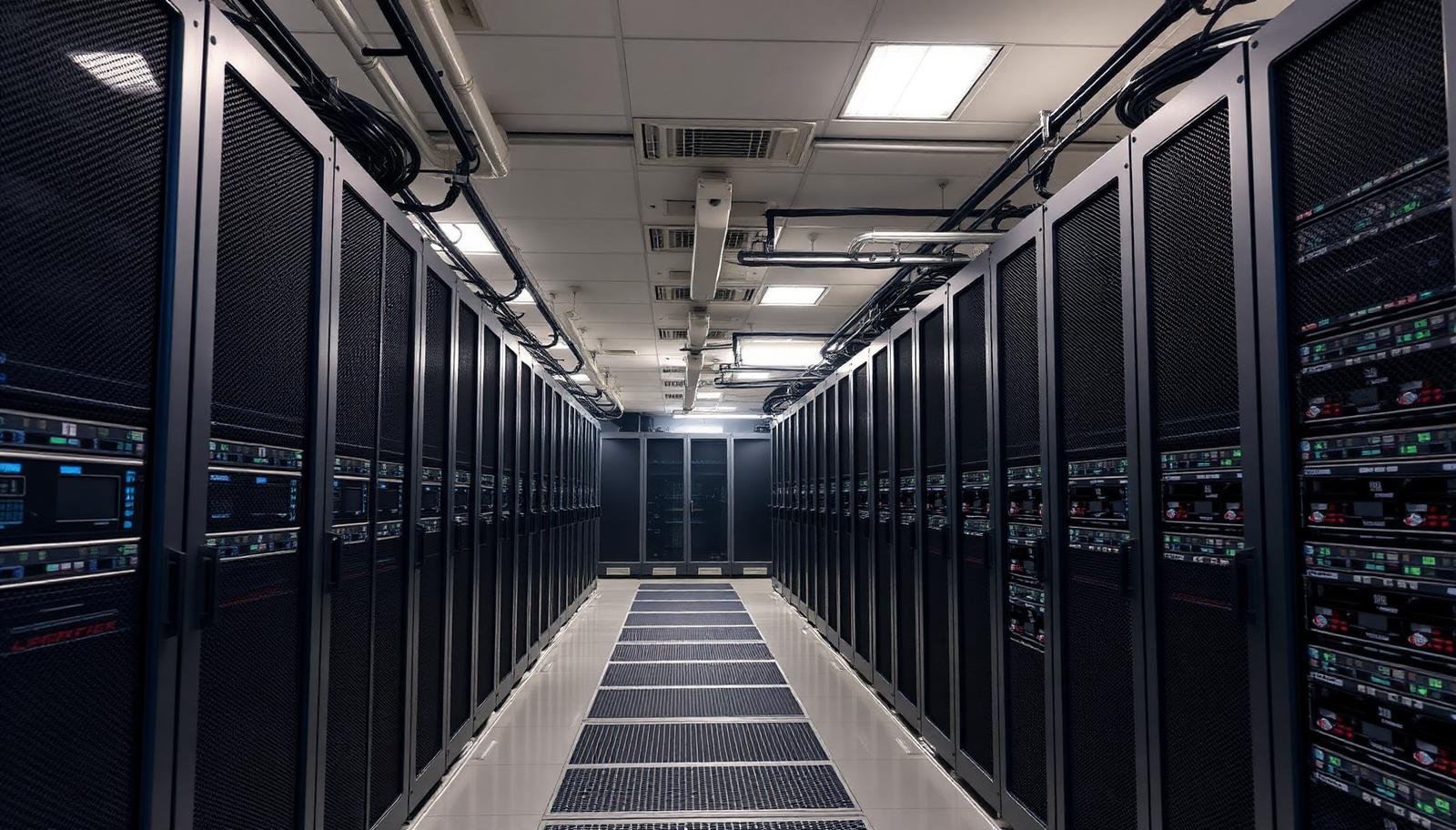 An aisle between rows of server racks inside a modern data centre hall