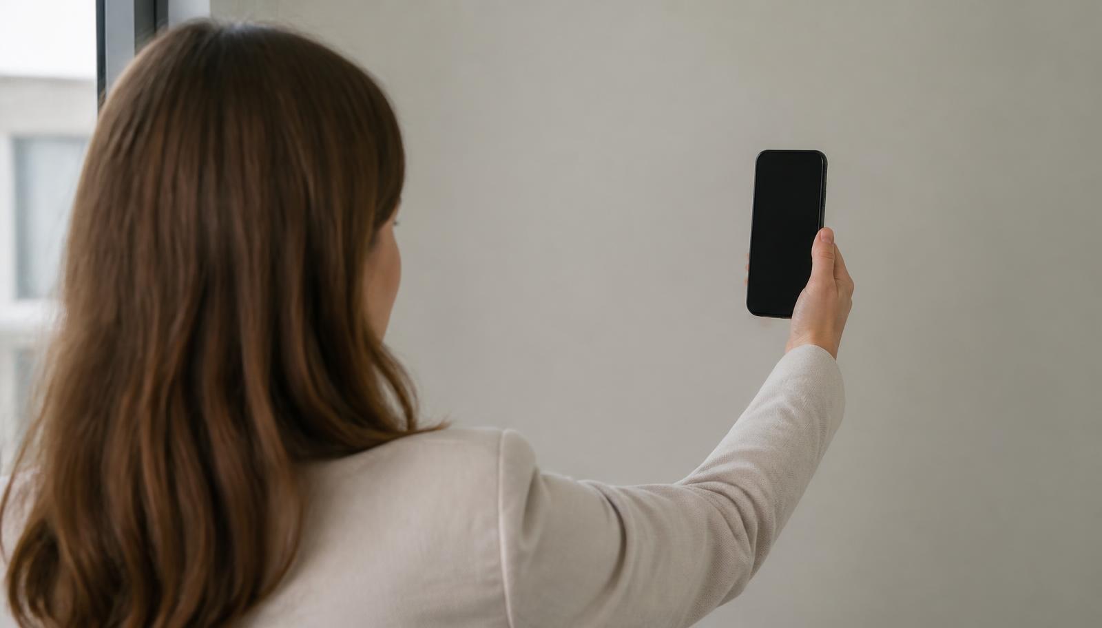 A person holding a smartphone at arm's length to complete a facial verification check against a plain wall