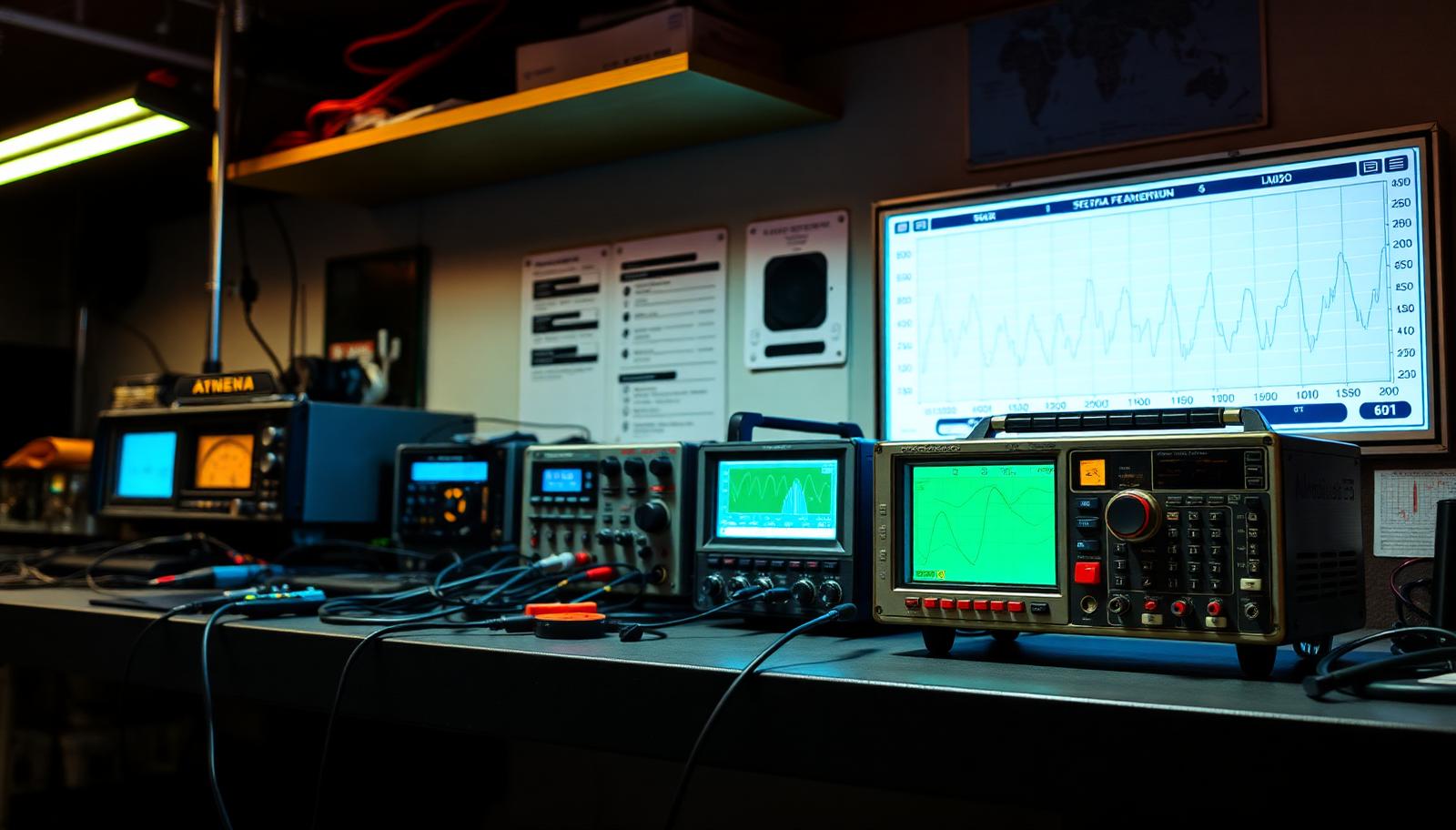 Radio test bench with spectrum analysers and measurement instruments connected by cables