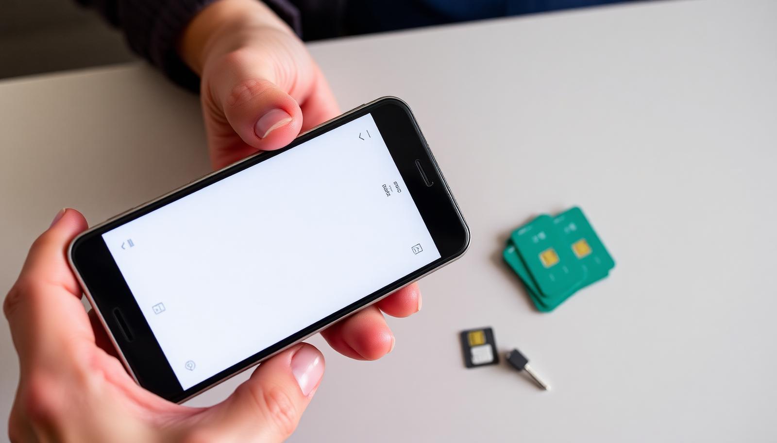 A hand holding a smartphone above a counter beside a small stack of unbranded SIM cards and a SIM ejector pin